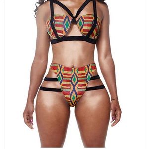 Kente Print Cut Out High Waisted Bikini Set Red